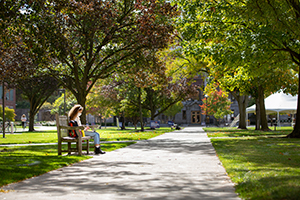 Student sitting on a bench on the Quad